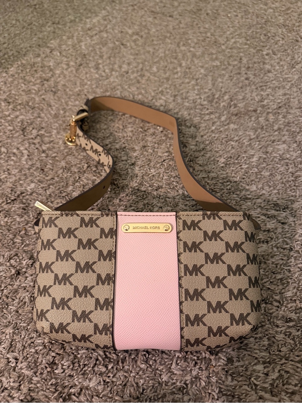 Michael Kors Brown MK Signature Crossbody with Pink Center Panel